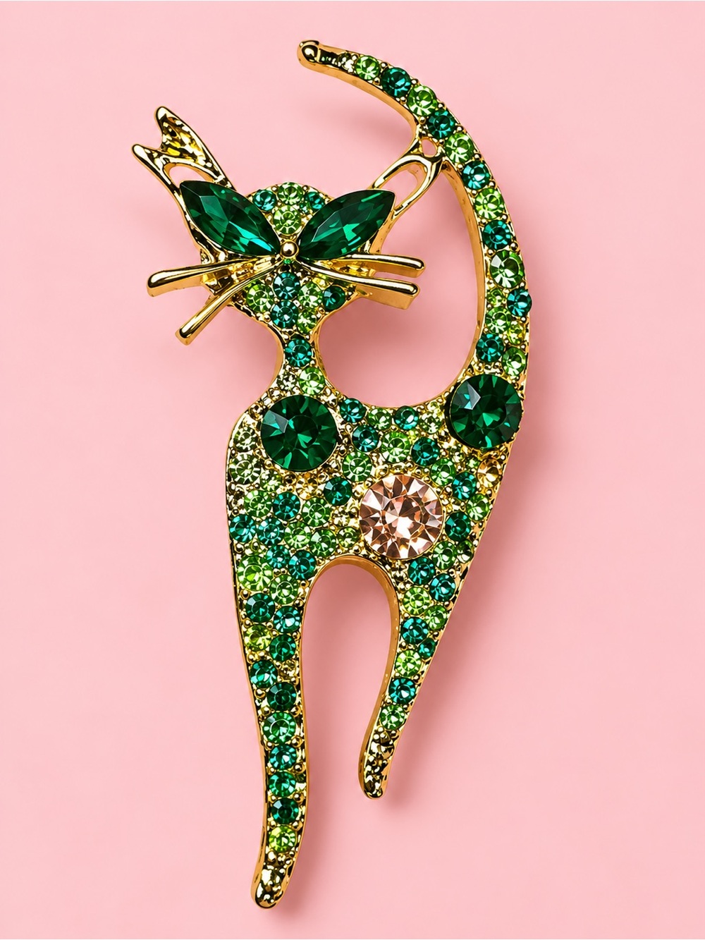Green Crystal Cat Brooch Pin - Elegant Women's Accessory